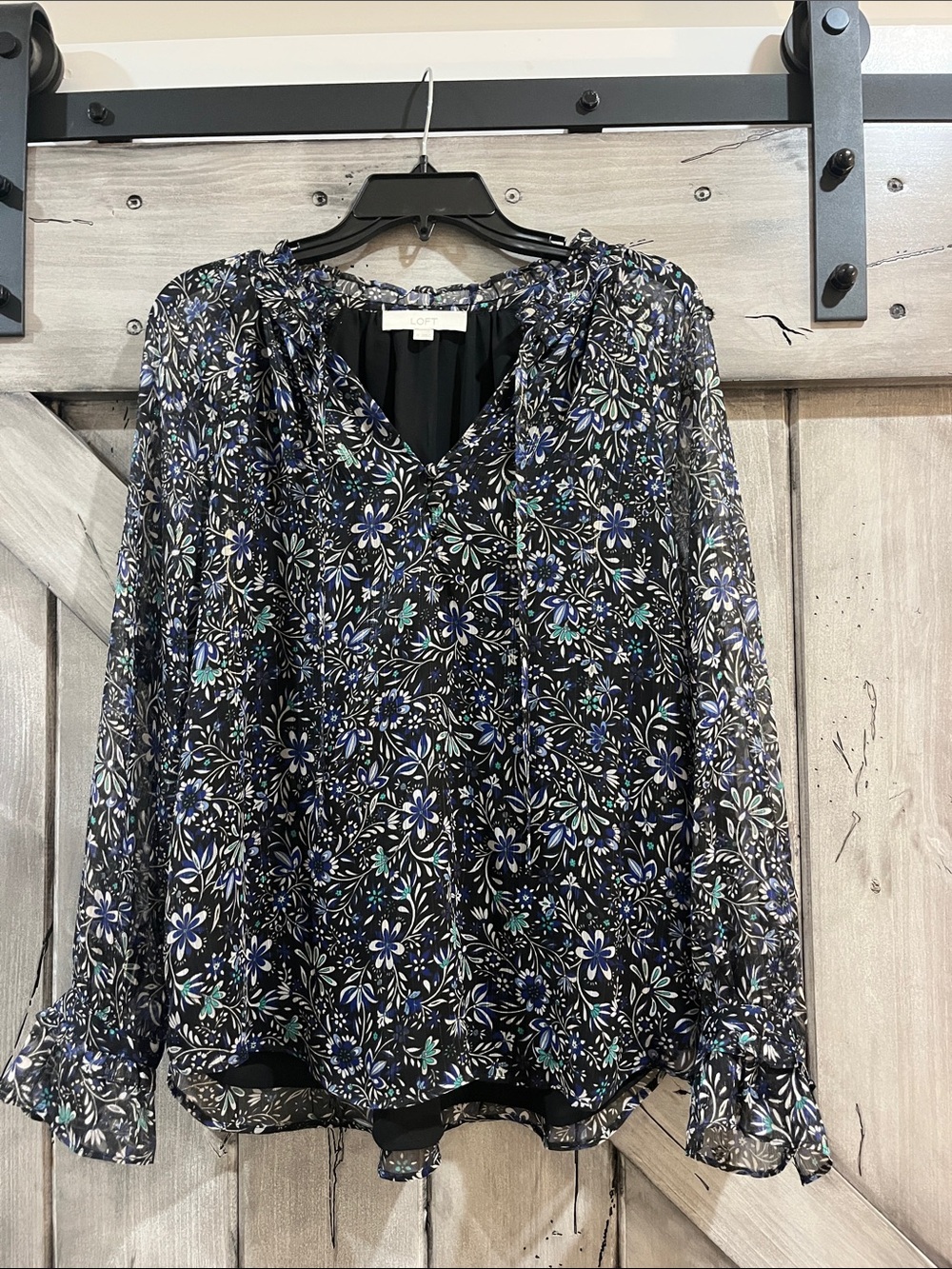 LOFT Black Floral V-Neck Sheer Blouse with Blue Accents
